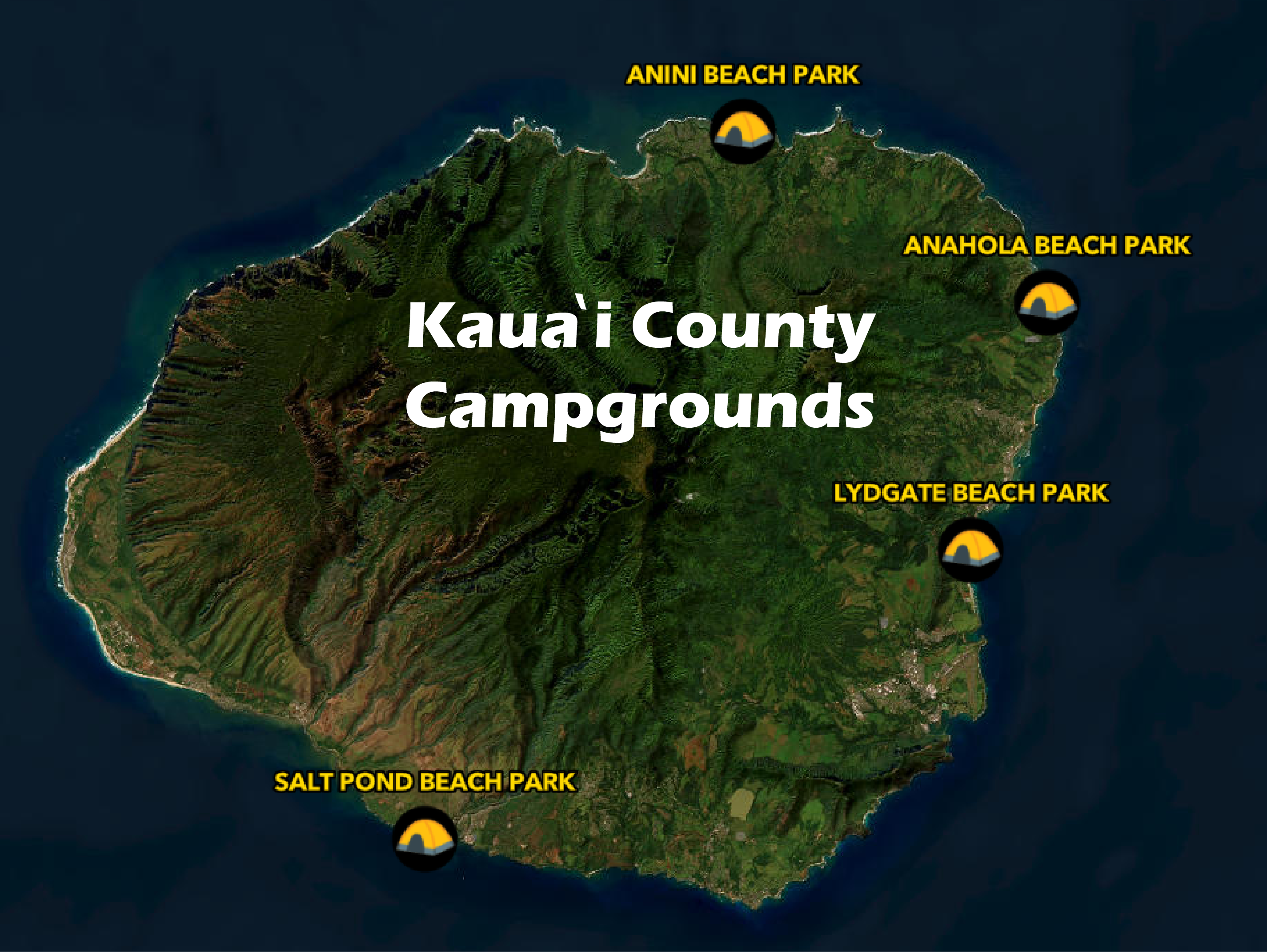 Kauai Island Campgrounds. Four campgrounds with images of tents where they are located. Campground names from top to bottom are Anini, Anahola, Lydgate, and Salt Pond.