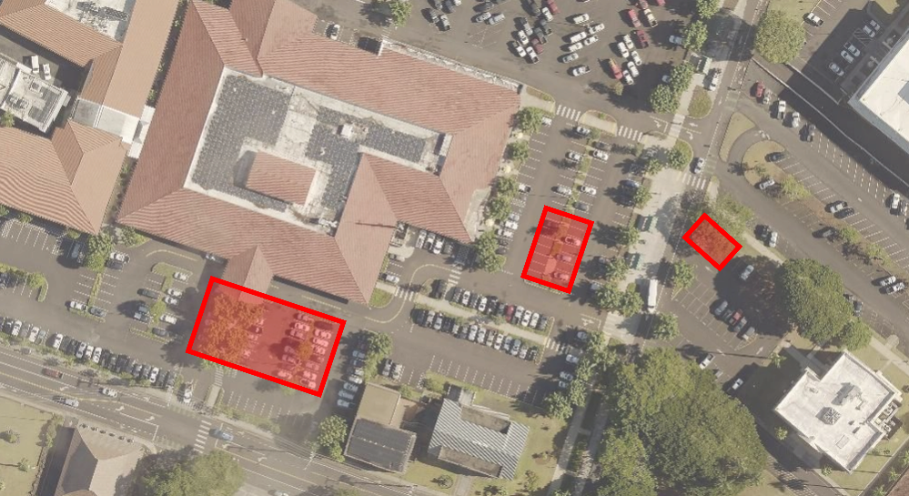 Map of the parking lot highlighting the EV charger locations
