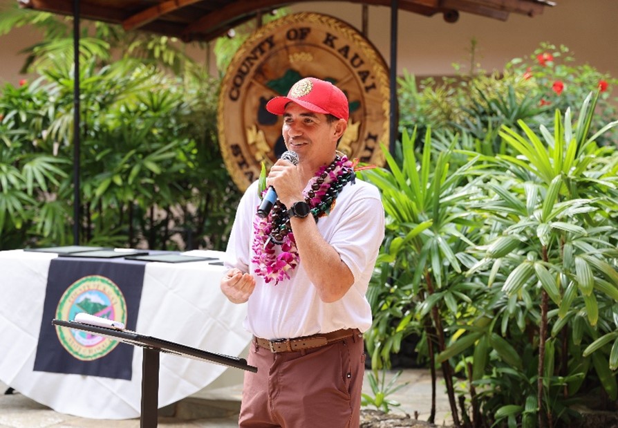 Ocean Safety Officer II Chance Swanson addresses the crowd, thanking all the first responders for their role in his rescue in November of 2025.