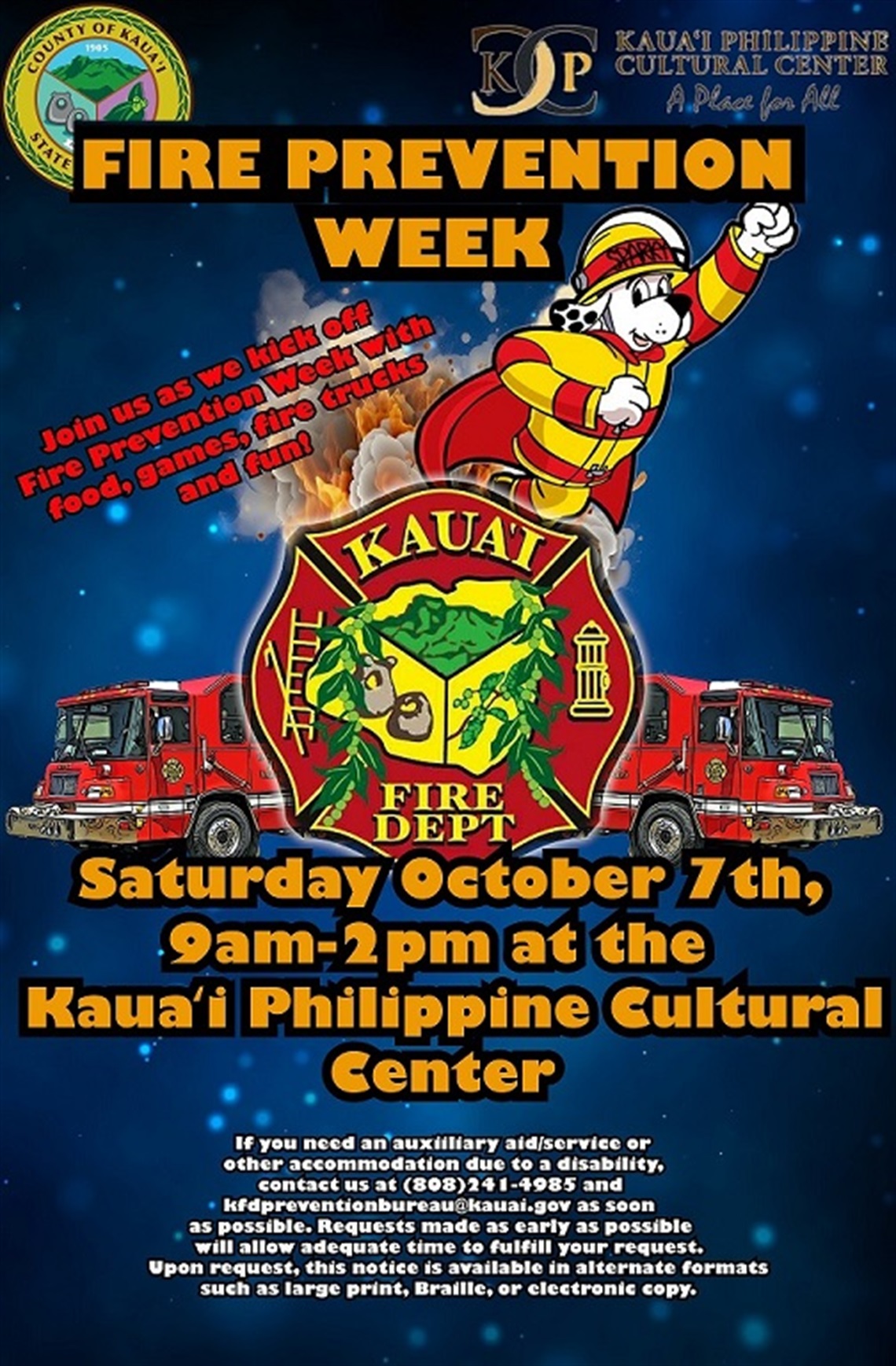 Fire Prevention Week Poster; Saturday October 7th, 2023; 9am to 2pm at the Kauai Philippine Cultural Center