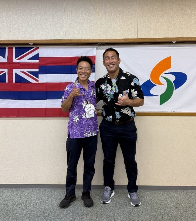 Courtesy visit with Mayor Kiyotaka Fujimoto (left) and Mayor Derek S.K. Kawakami in the City of Suō-Ōshima on July 28.