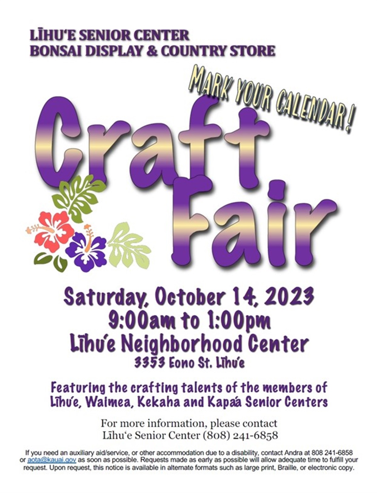 Senior Center Craft Fair scheduled for Oct. 14 Kauai County, HI