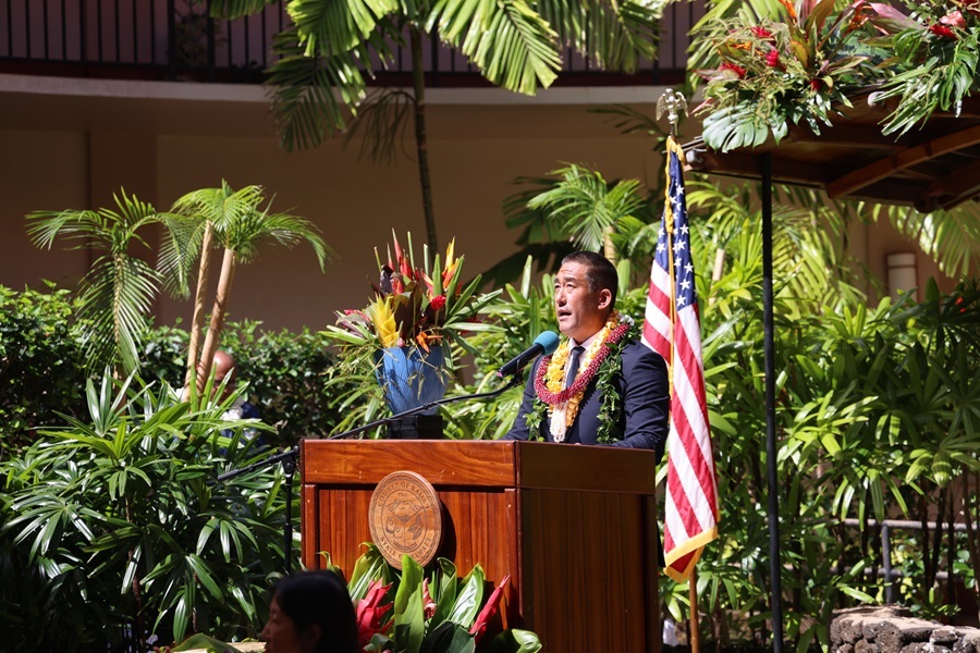 Mayor Kawakami addresses the crowd at the Lihue Civic Center at his 2025 State of the County Address.