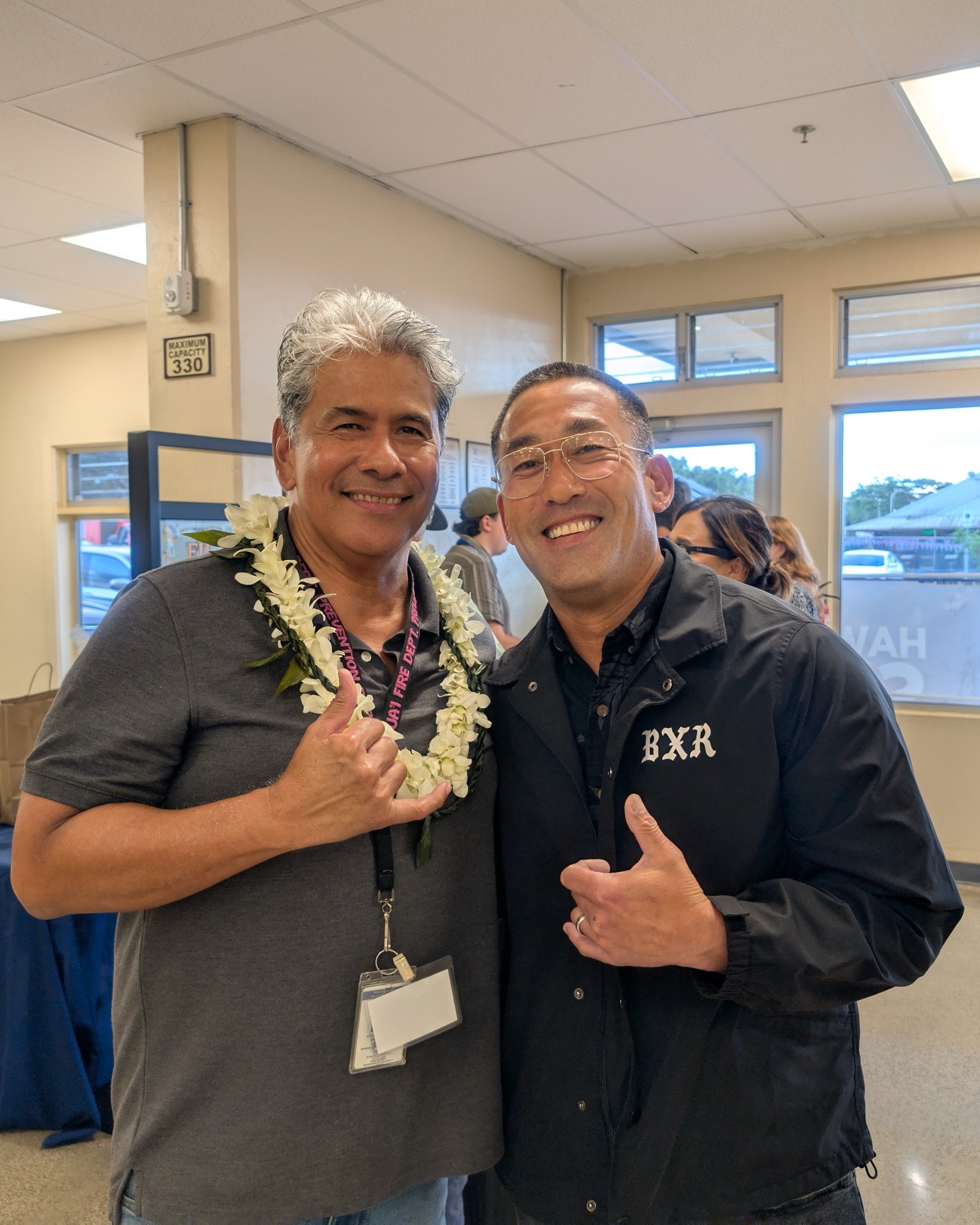 Kauaʻi Emergency Management Agency Executive Officer Sol Kanoho (left) and Mayor Derek S.K. Kawakami (right) at a Wildfire Conference on May 7, 2026.