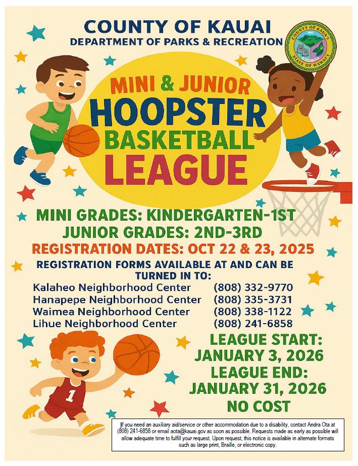 registration for the 2026 Mini Hoopster and Junior Hoopster Basketball Leagues will be held on October 22 and October 23, from 9 a.m. to 4 p.m. Registration will be held in person or can be emailed to county officials flyer