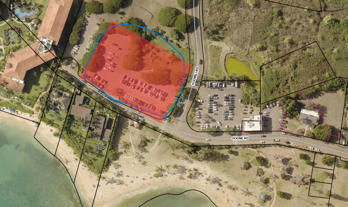 Map of Po‘ipū Beach Park parking lot closure.