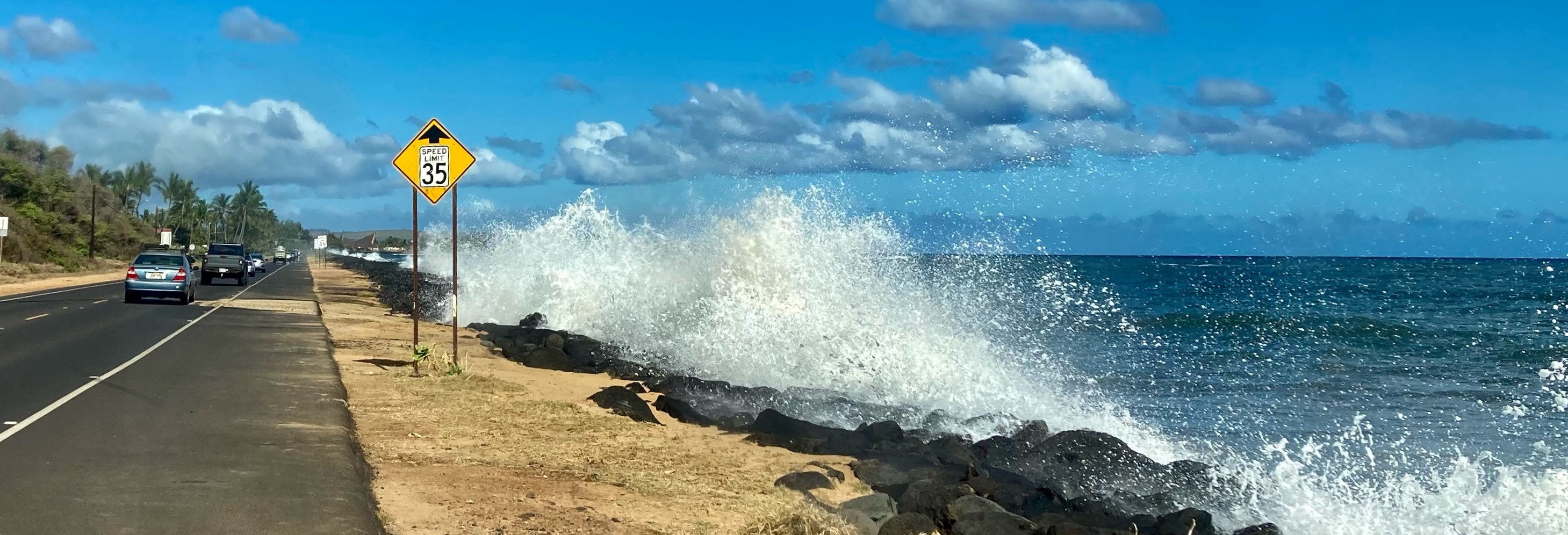 Wave overwash at the highway in Kekaha