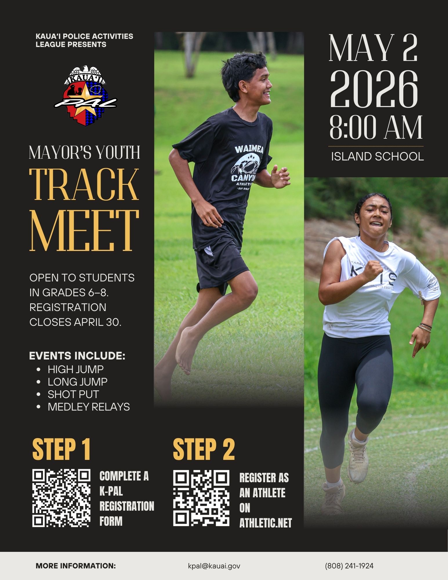 Register now for the Mayor’s Youth Track Meet for grades 6–8, Saturday, May 2, 2026, at Island School.