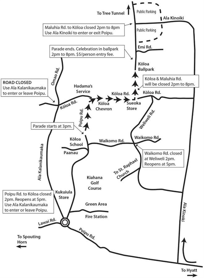 Map outlining road closures for the Historic Kōloa Plantation Days Parade on July 26, 2025
