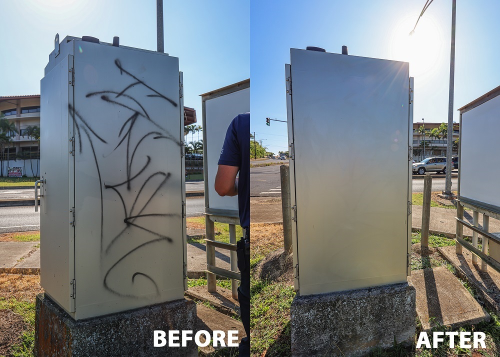 Before and after image of graffiti cleanup