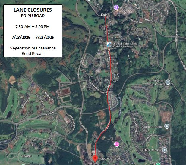 Map of Po‘ipū Road lane closure. ###