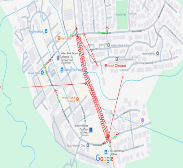Map of closure along Puhi Road for road work.