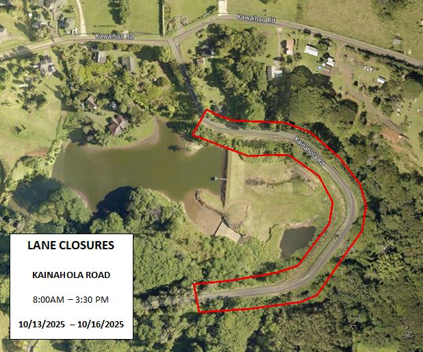 map of lane closures along portions of Kainahola Road from October 13 to 16, from 8 a.m. to 3:30 p.m., weather permitting. 