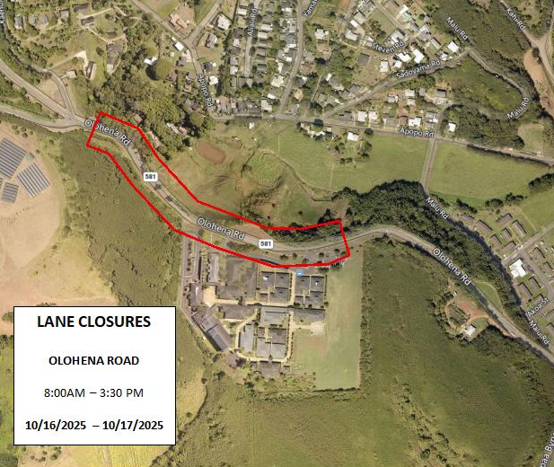 Map of lane closures along portions of Olohena Road from October 16 to 17, from 8 a.m. to 3:30 p.m., weather permitting. 