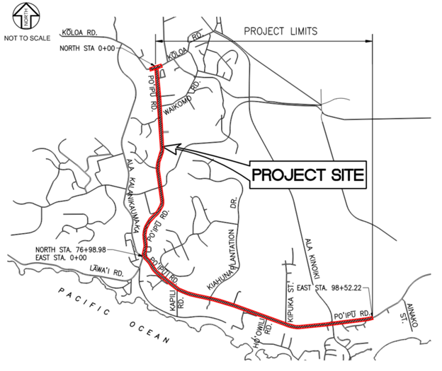 Map of intermittent lane closures along portions of Po‘ipū Road in Kōloa and Po‘ipū beginning October 14 until further notice. 