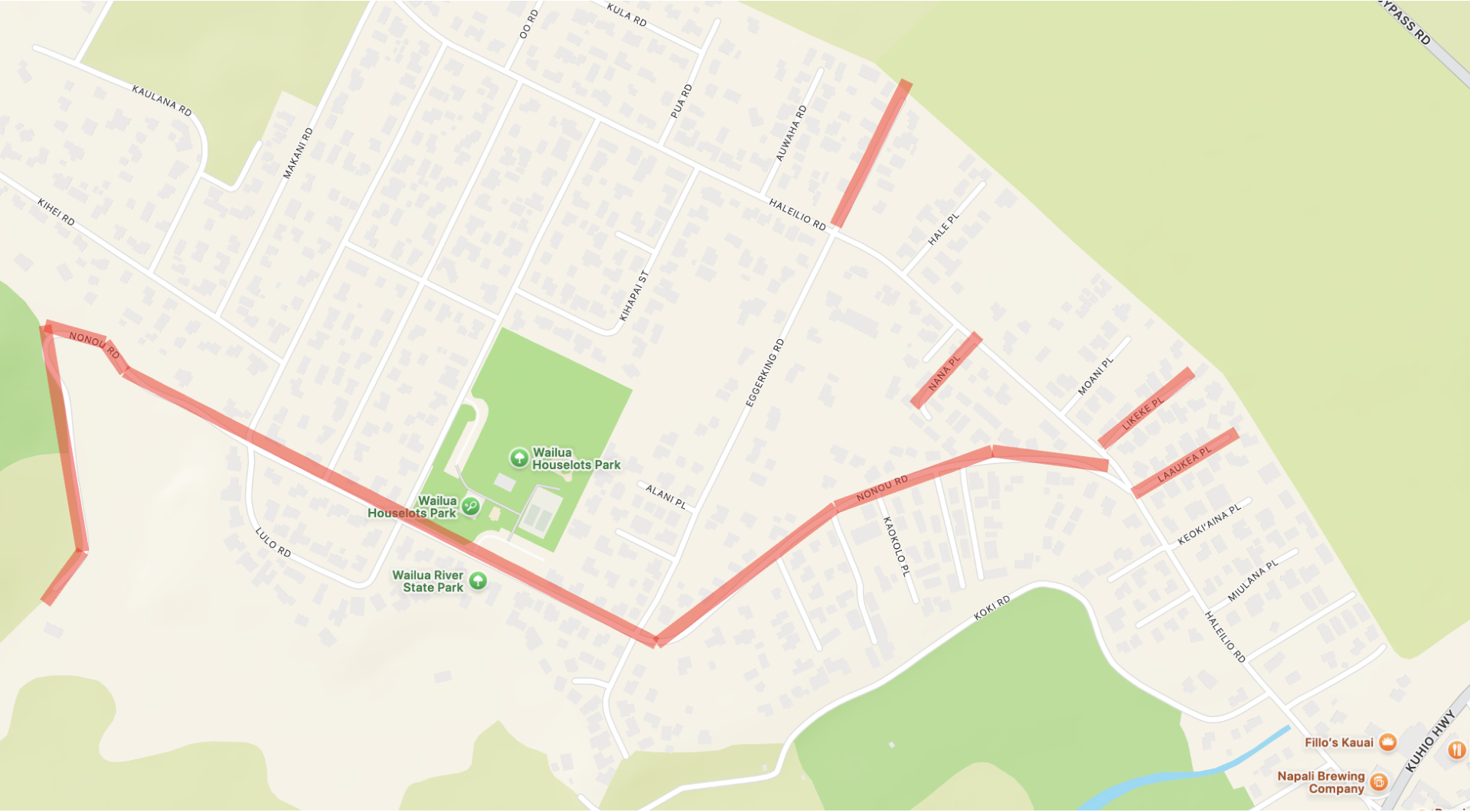 Map of road closures and single-lane contraflow traffic patterns for portions of Nonou Road, Likeke Place, Laaukea Place, Eggerking Road, and Nana Place in the Wailua Houselots area 
