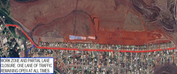 Map of lane closures along Moi Road in Hanapēpē from November 17 to 20, from 8 a.m. to 3:30 p.m., weather permitting. 