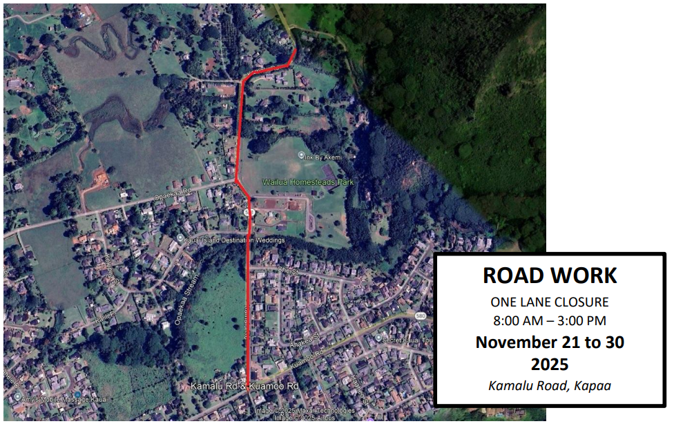 Map of single lane closures along Kamalu Road in Kapa‘a from November 21 to 30, from 8 a.m. to 3 p.m., weather permitting. 