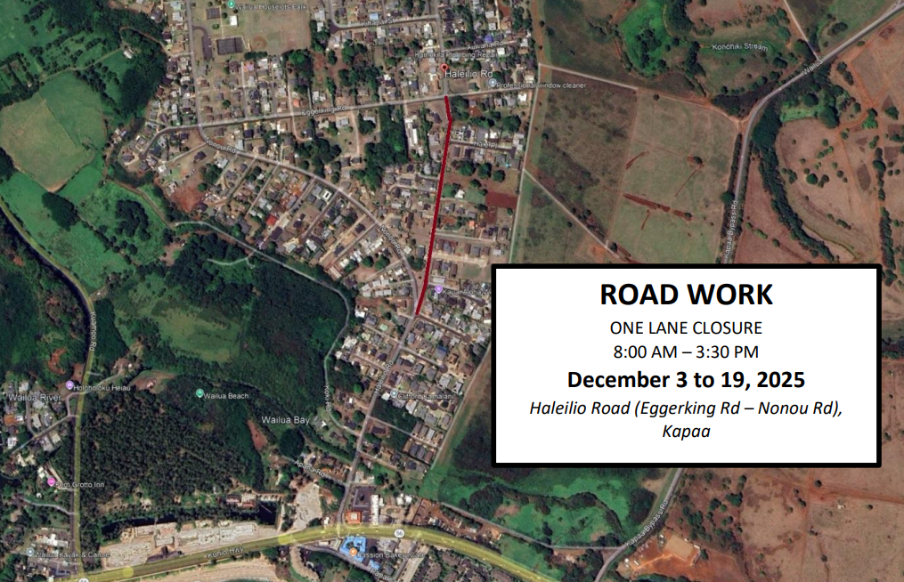 Map of single lane closures along Haleilio Road in Kapa‘a from December 3 to 19, from 8 a.m. to 3:30 p.m., weather permitting. 