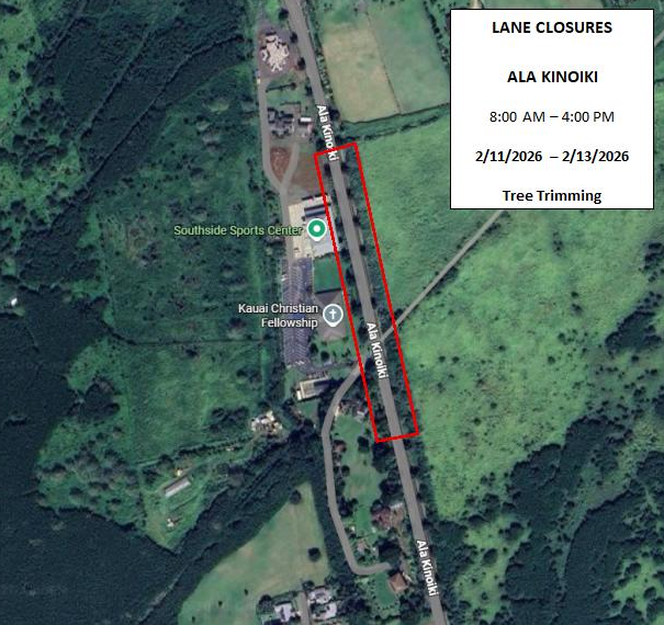 Map of lane closures along a portion of Ala Kinoiki Road in the vicinity of Kaua‘i Christian Fellowship from 8 a.m. to 4 p.m., February 11 to 13, weather permitting.