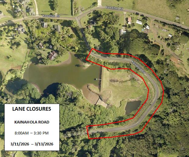 Map of lane closures along portions of Kainahola Road in the vicinity of Kawaihau Road from March 11 to 13, from 8 a.m. to 3:30 p.m., weather permitting. 