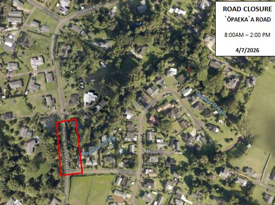 Map of emergency road closure along a portion of `Ōpaeka`a Road in the vicinity of Pulana Street on April 7, from 8 a.m. to 2 p.m.