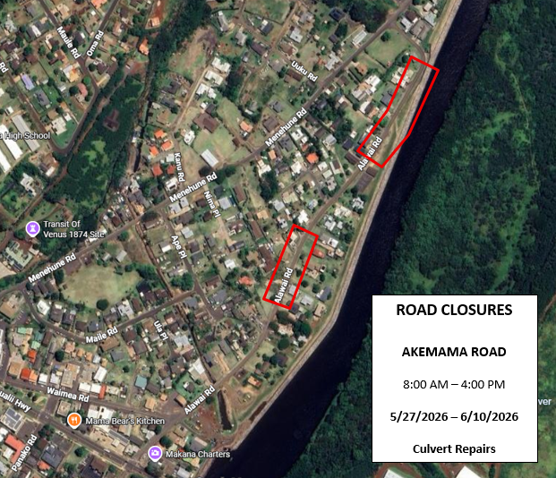 Map of road closures along Alawai Road.