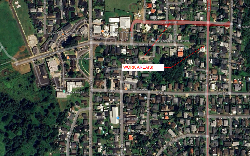 Map of lane closures along Momi Street and Kahalou Street in Kīlauea.