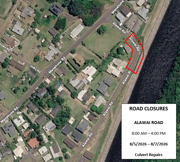 Map of lane and road closures along portion of Alawai Road.