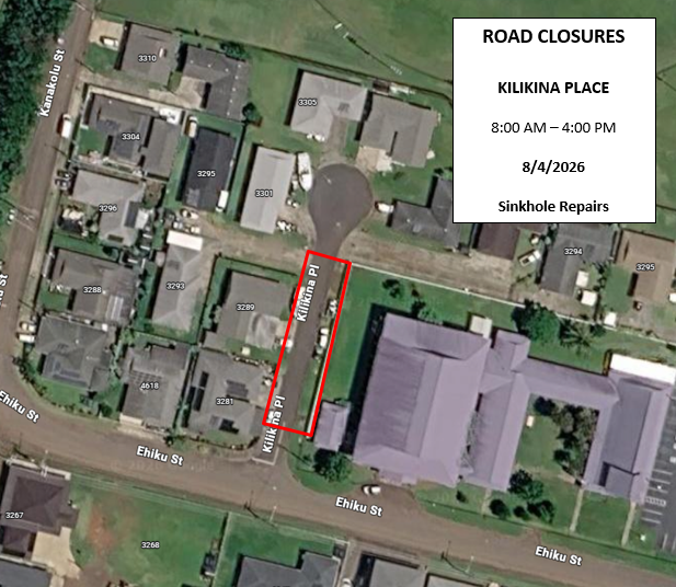 Map of lane and road closures along portion of Kilikina Place. 