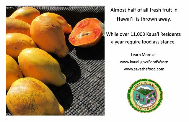 Almost half of all fresh fruit in Hawaii is thrown away while over 11,000 Kauai Residents a year require food assistance. Learn more at www.kauai.gov/foodwaste www.savethefood.com