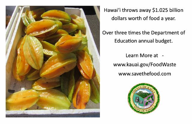 Hawaii throws away 1.025 billion dollars worth of food a year. Over three times the Department of Education annual budget. Learn more at www.kauai.gov/foodwaste and www.savethefood.com