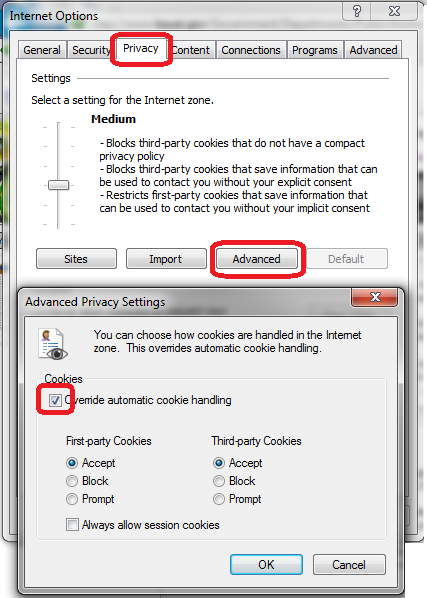 screenshot of Internet Options dialog and Advanced Privacy Settings dialog