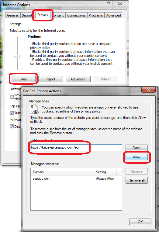 screenshot of Internet Options dialog, Privacy tab, Sites button and Per Site Privacy Actions dialog, Allow EPR website address