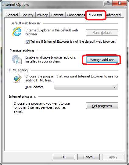 screenshot of Internet Options dialog, programs tab, manage add-ons button
