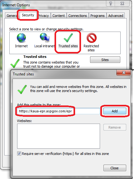 screenshot of Internet Options dialog, security tab, trusted sites, add EPR website address