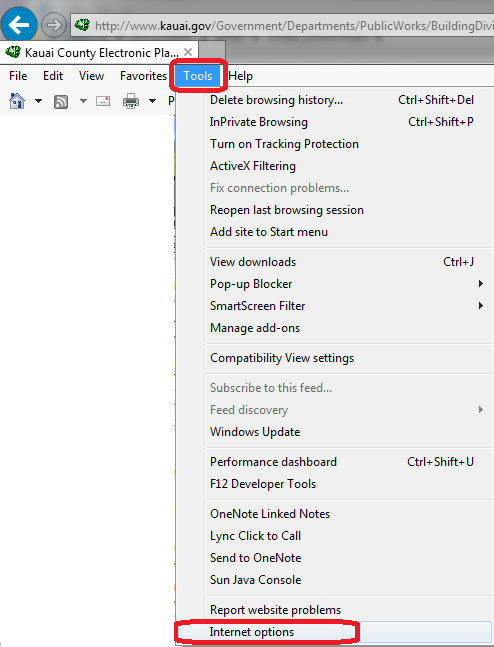 screenshot of IE Tools menu, internet options menu item