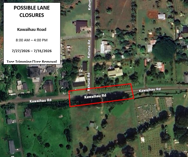 Kawaihau Road work July 27 to July 31, 2026