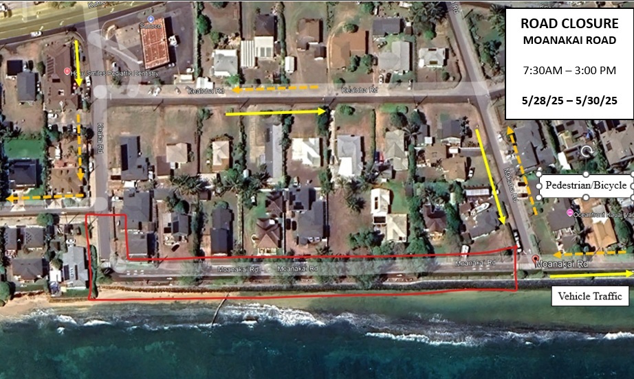 Moanakai Road will be closed from Keaka Road to Makaha Road from May 28 to May 30