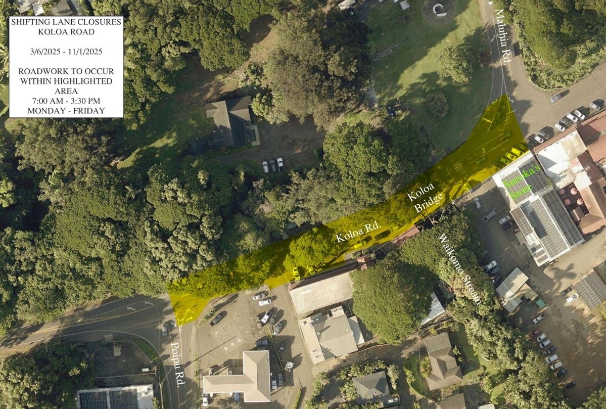From March 6 to Nov. 1, Kōloa Road, from Po‘ipū Road to Maluhia Road, will have shifting lane closures on weekdays, from 7 a.m. to 3:30 p.m.