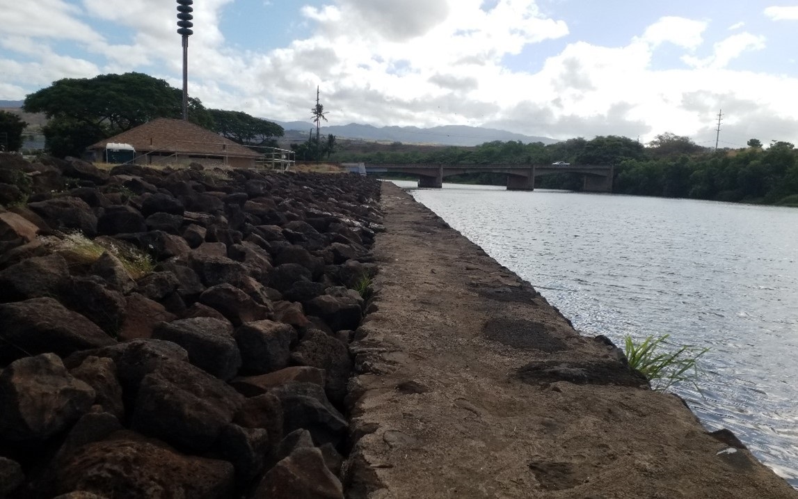 Waimea River Flood Control Project levee and concrete-rubble-masonry wall. Photo taken from right bank at Lucy Wright Park, facing upstream Kaumuali‘i Highway Bridge over Waimea River.