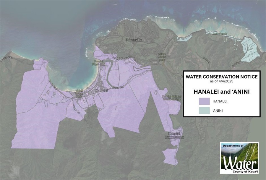 Water conservation notice as of 4/4/2025. Hanalei and ʻAnini. Lavendar represents Hanalei. Light blue represents ʻAnini.