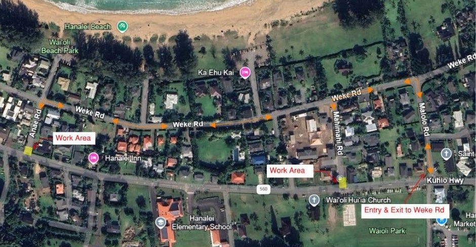 Map of the intersection closures on Kūhiō Highway in Hanalei scheduled for June 18