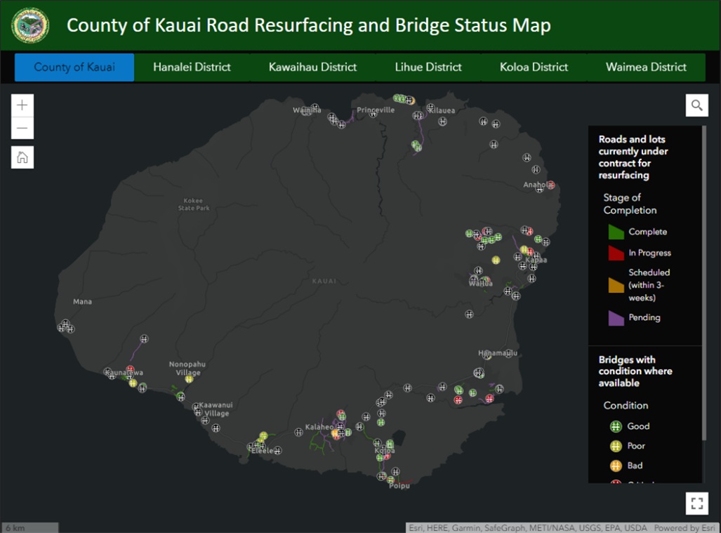 County of Kauai Road Resurfacing and Bridge Status Map