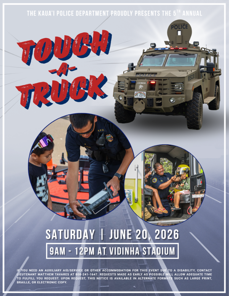 Touch A Truck will be held on June 20, 2026 at Vidinha Stadium parking lot from 9am to noon.