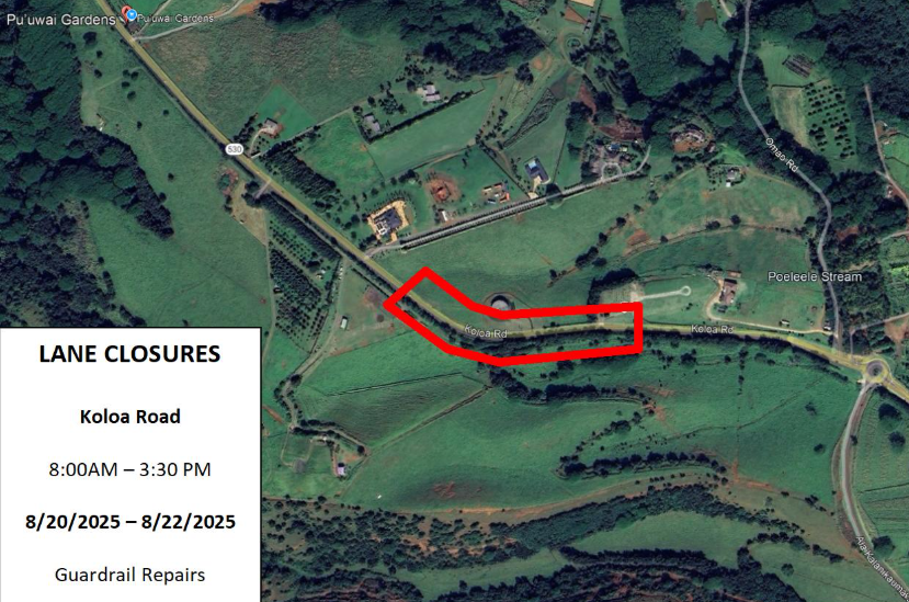 Map of Kōloa Road lane closure.