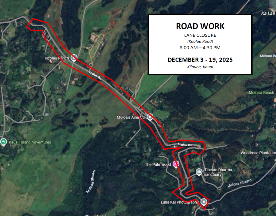 Map of single lane closures along Koolau Road in Kīlauea from December 3 to 19, from 8 a.m. to 4:30 p.m., weather permitting. 