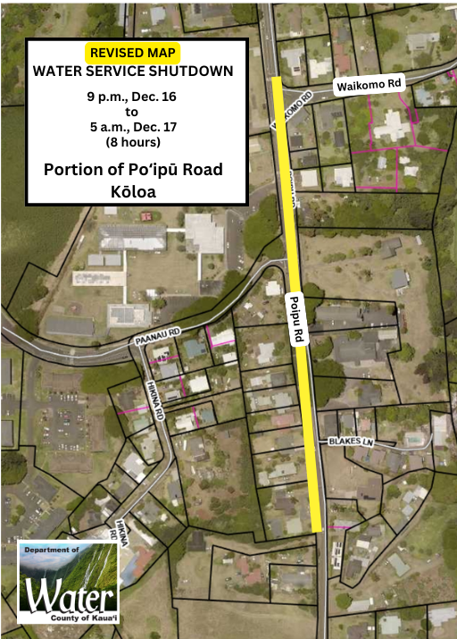 Map shows water service shutdown on a portion of Poʻipū Road, from 9 p.m. on Dec. 16 to 5 a.m. on Dec. 17.